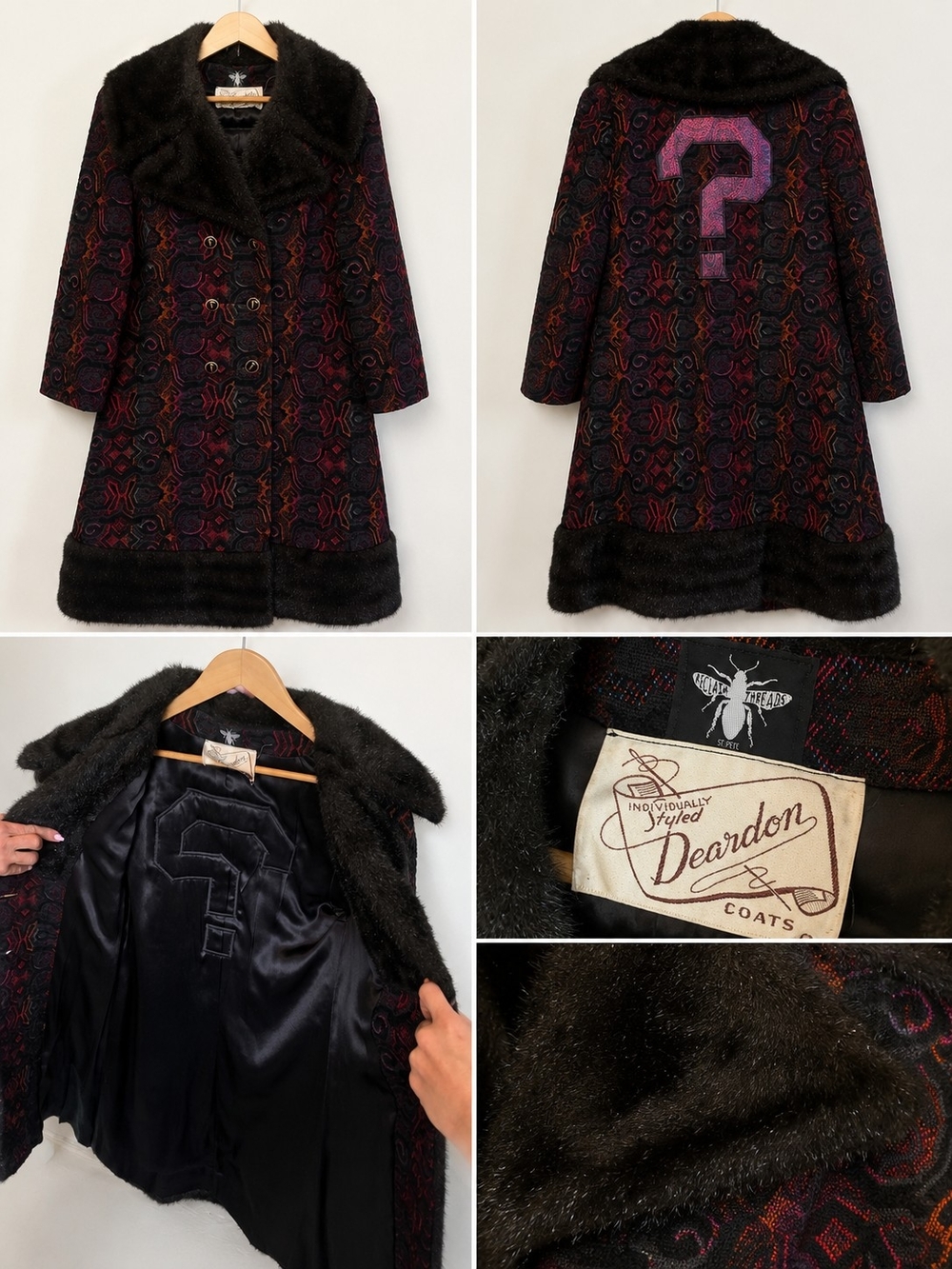 Collectif Multicolor Patterned Pea Coat with Black Faux Fur Trim